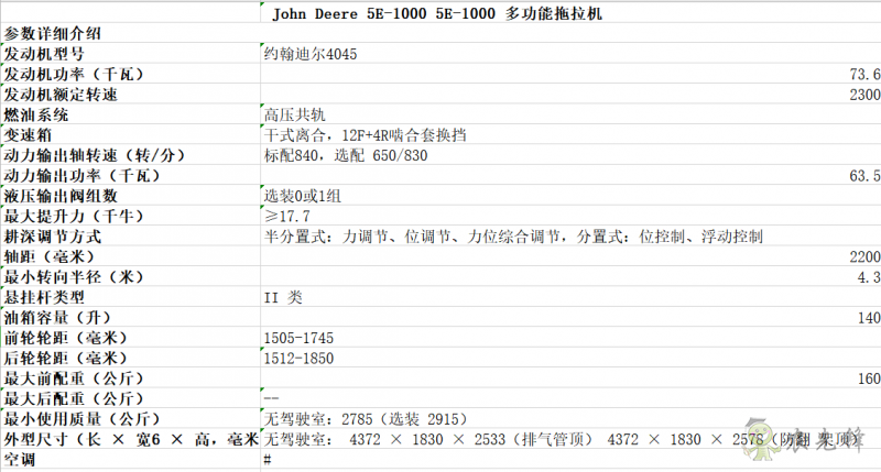 5E-1000拖拉機詳細參數 智能化農機設備_約翰迪爾